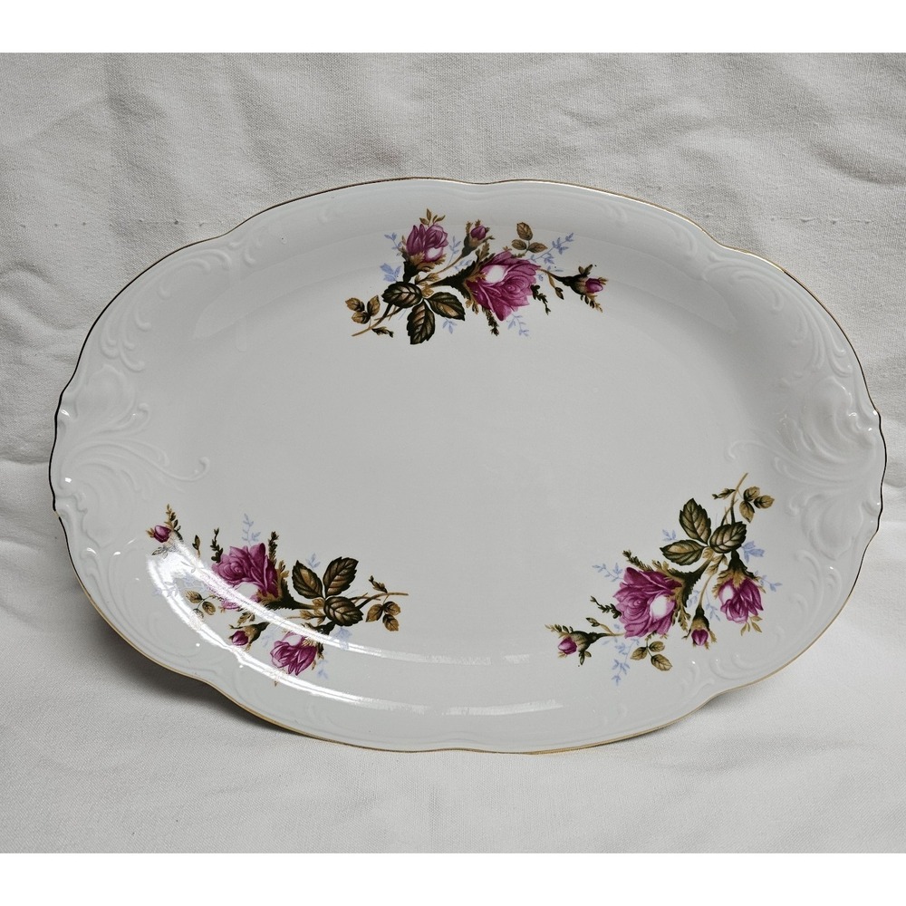 Vintage Wawel Poland Fine China Mose Rose Gold Trim Serving Platter 13"x9"